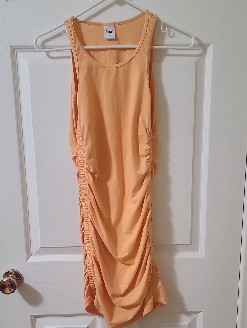 TNA Aritzia Chill Malibu Dress Orange Peach Fitted Ruched Sides Bodycon Cotton